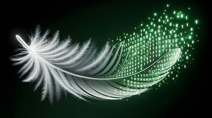 Detailed digital illustration of feather transforming into streams of glowing green binary code – Suitable for AI, programming, or data transformation themes.