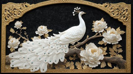 Fototapeta premium Ornamental peacock bas-relief on black stone, floral design, decorative art, wall hanging