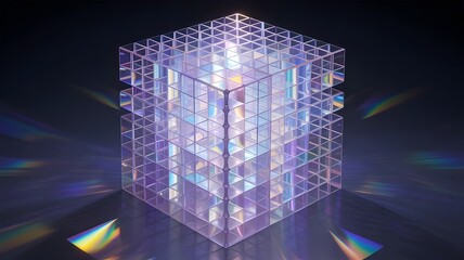 Three-dimensional cube made of layered holographic grids with iridescent blue and purple hues – Suitable for futuristic design, virtual reality, or abstract geometry.