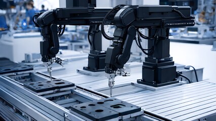 Robotic arm pick-and-place system for an electronic assembly line, used in smart technology manufacturing.