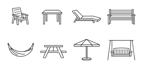 Outdoor furniture icons: chair, table, lounger, bench, hammock, picnic table, umbrella, swing
