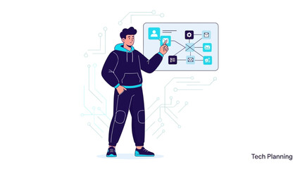 illustration of a young man engaging in technology planning with digital interface