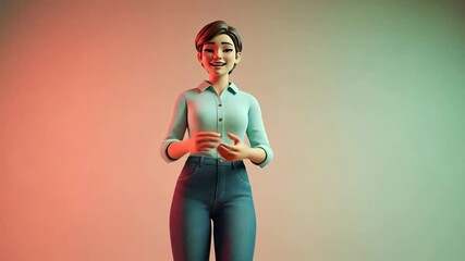 Animated young woman demonstrating various emotional and expressive gestures in a presentation style