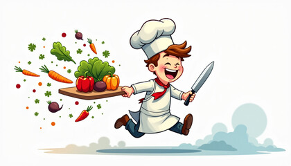 Joyful Cartoon Chef Running with Knife and Colorful Vegetables