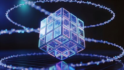 Futuristic puzzle cube radiating brilliant holographic energy with pulsing neon traces – Suitable for artificial intelligence, finance, or geometric design.