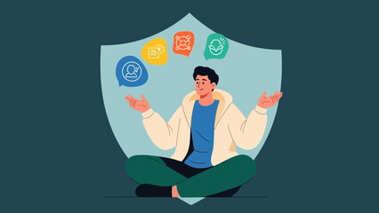 Digital Security and Privacy Concepts Represented by a Person and Security Icons on Shield