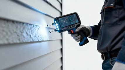 Closeup of a handheld wall scanner operated by a technician performing automated siding condition assessment using AI algorithms