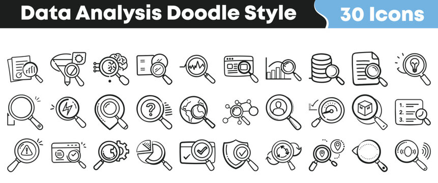 Collection of thirty hand drawn doodle style icons representing various concepts related to data analysis search and investigation on transparent background
