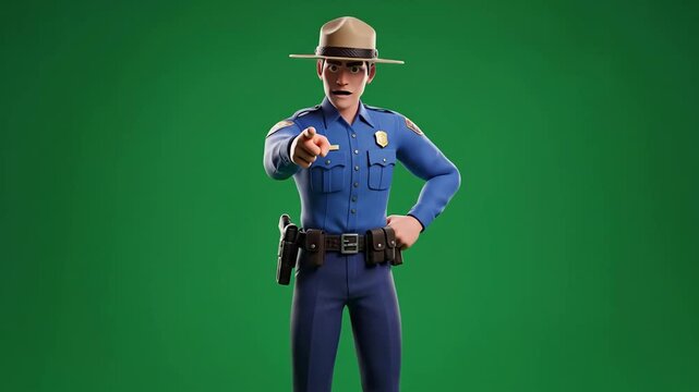 Cartoon Police Officer Gesturing on Green Screen Perfect for Animation and Design Needs