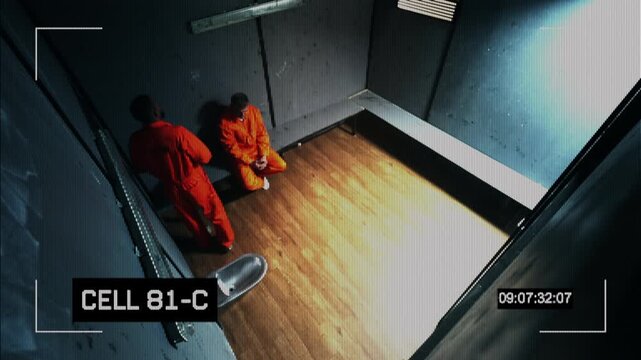 Two male inmates in orange prison robes pacing cell, monitored by CCTV cameras