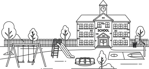 Naklejka premium School building exterior with playground black and white outline drawing featuring swings slide and merry-go-round