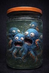 Surreal Blue Creatures Trapped in Glass Jar &ndash; Dark Fantasy Horror Concept