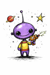 Cute Purple Alien with Ray Gun &ndash; Fun Cartoon Sci-Fi Character