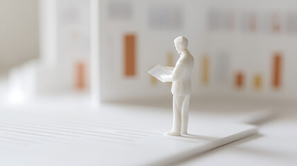 Miniature figure analyzes charts. The figure is dressed in a suit and tie. The setting appears to be a minimal aesthetic with a focus on professional themes and financial analysis.