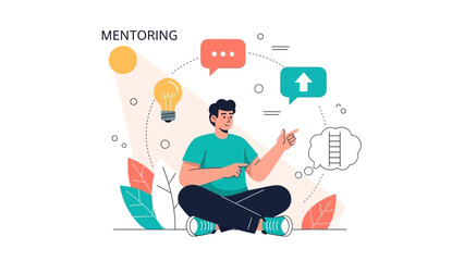 Young man engaging in mentorship and knowledge sharing with visual icons