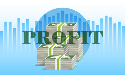 Vector economic banner. Profit. 3d stacks of paper money. Piles of dollars. Finance and wealth