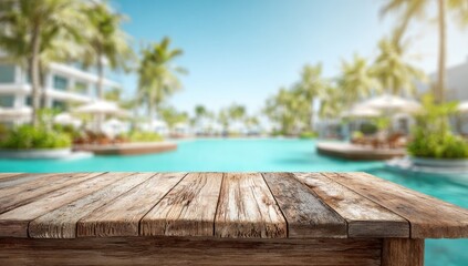 Rustic wooden table overlooks a serene tropical resort pool with palm trees