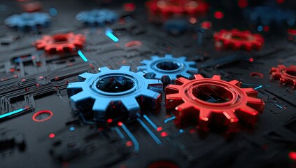 Interconnected blue and red gears on a digital circuit board with glowing lights