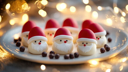 Close-up of a plate of mini Santa Claus cakes decorated with red fondant hats, white icing beards, and chocolate buttons, surrounded by soft, glowing fairy lights