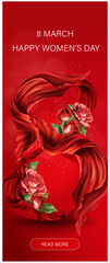 Vertical Red Banner for the International Women's Day. Sale banner, discount card. March 8 on the Red Background. Vector illustration
