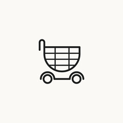 This silhouette icon illustrates a shopping basket placed on a wheeled cart, representing shopping, retail activity, and consumer purchasing