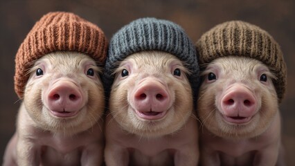 Triple trouble: Adorable close-up portrait of three baby pigs in knitted hats.