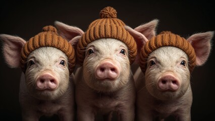 Cute Piglets Close-up Portrait Wearing Knitted Winter Hats