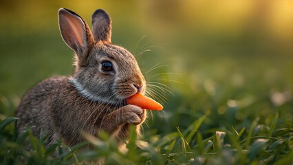 Adorable wild rabbit eating a fresh carrot in soft golden light during sunset.