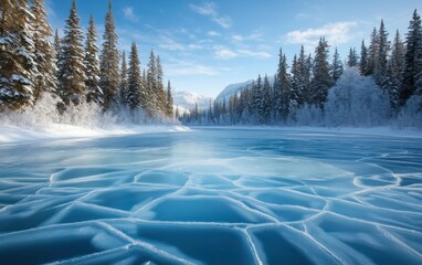 A frozen lake with ice cracks, surrounded by snow-covered pine forests under the blue sky. The image captures a serene winter landscape with intricate patterns on the icy surface and snowy trees