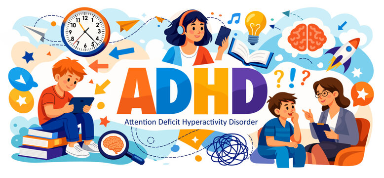 ADHD vector illustration banner, Attention Deficit Hyperactivity Disorder