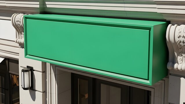 Green signage mockup above boutique entrance, vibrant keyable surface with subtle bevel and shadow fall