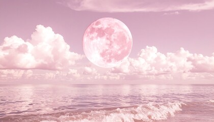 Soft pastel artwork of a pink moon rising over calm ocean waves and fluffy clouds, sky hue is a gentle pink
