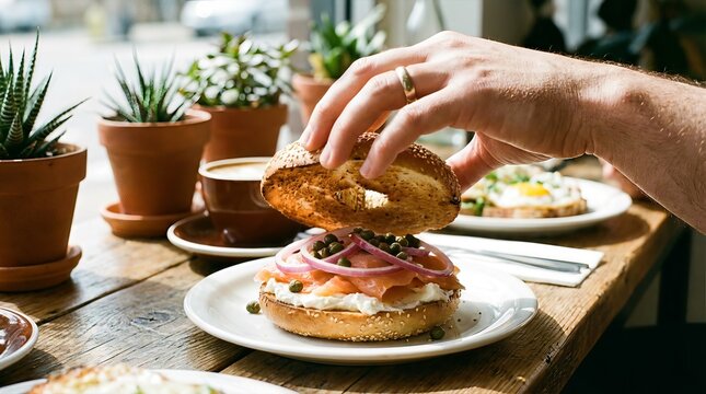 Closeup of a hand placing the top half of a bagel onto a lox and cream cheese sandwich with potted plants and coffee cups in the background.
