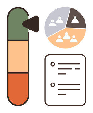 Vertical gauge with pointer, pie chart of team roles, and checklist document. Ideal for performance tracking, team analysis, progress measurement, goal setting, evaluation process, productivity