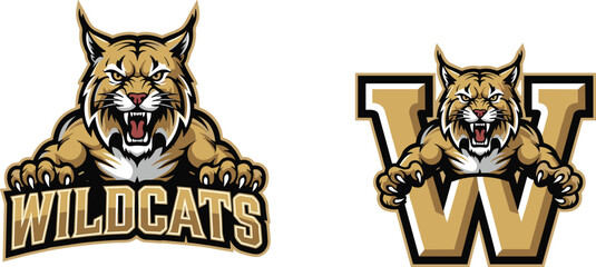 Wildcat mascot logo set, fierce animal head and claws, bold sports team identity design, stylized letter emblem - flat vector illustration