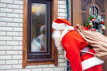 Obraz premium Santa Claus stands near the decorated front door. Fluffy cat sitting on the window.