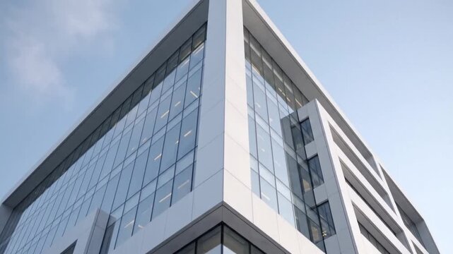Modern office building exterior with clean geometric facade and urban corporate atmosphere