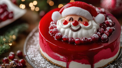 Close-up of a Santa Claus-themed cheesecake with red berry glaze, white whipped cream accents, and a smiling chocolate Santa face on top 