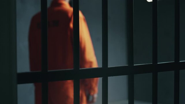 Bored African American male inmate in orange jumpsuit walking inside prison cell