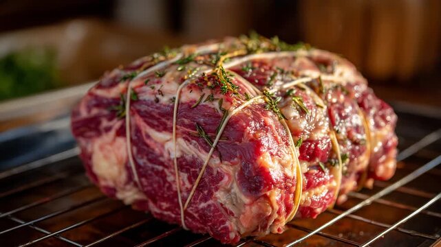 139Side view of seasoned beef roast tied neatly with string, placed on roasting rack, natural kitchen light casting soft shadows and highlighting marbled textures