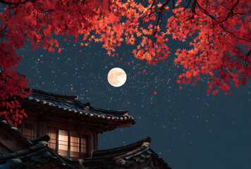 Full moon rising over traditional asian temple roof with red autumn maple leaves at night