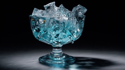A crystal goblet with aquamarine cocktail and jagged ice fragments frozen mid-splash, captured in cinematic freeze-frame. Droplets scatter realistically