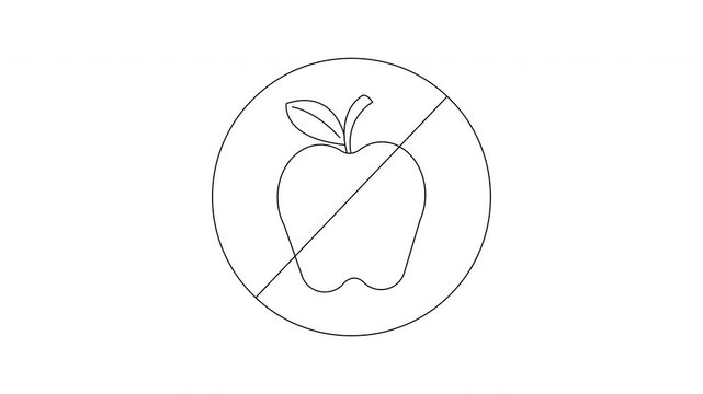 A blacklined apple symbol with a diagonal line through it inside a circle all on a white background