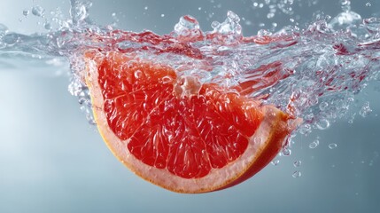 A dynamic grapefruit wedge plunges crystal-clear water, captured at impact moment as droplets scatter outward. Light refracts across translucent