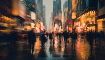 A bustling city street at night, blurred motion