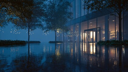 A modern city street at night, reflecting in a puddle of rain