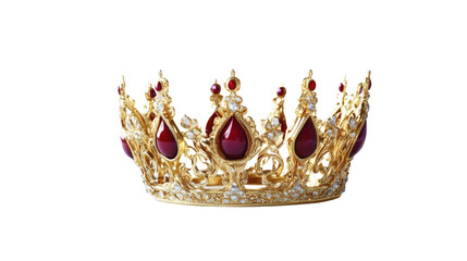 3D elegant luxury gold red crown isolated on white background.