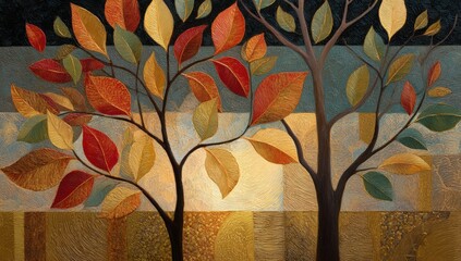 Two trees with fall foliage in a stylized abstract design