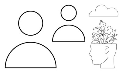 Two user icons, a cloud, and a head filled with blooming flowers illustrate growth, creativity, mental health, and mindfulness. Ideal for self-care, communication, empathy connection positivity