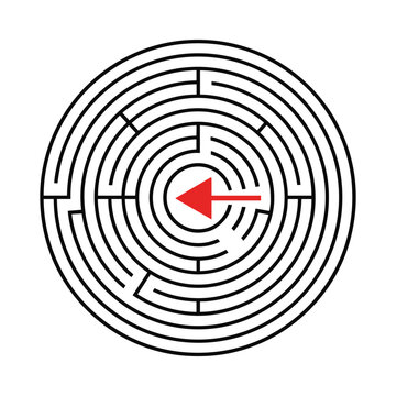 Circular labyrinth puzzle with red arrow pointing direction